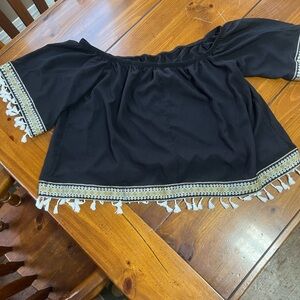 Emery Rose Black Off Shoulder Boho Top Size 4XL Tassel Trim Peasant Blouse